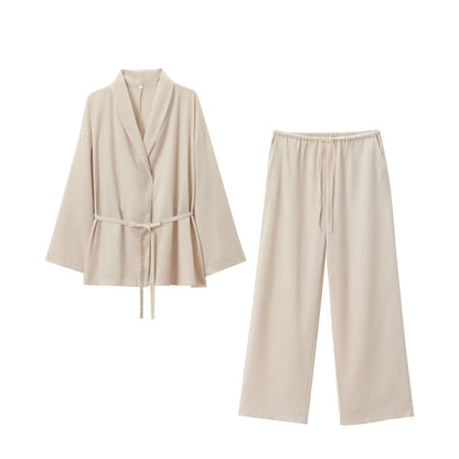 Damen Zweiteiler Set mit Bindegürtel und weite Hose Modern