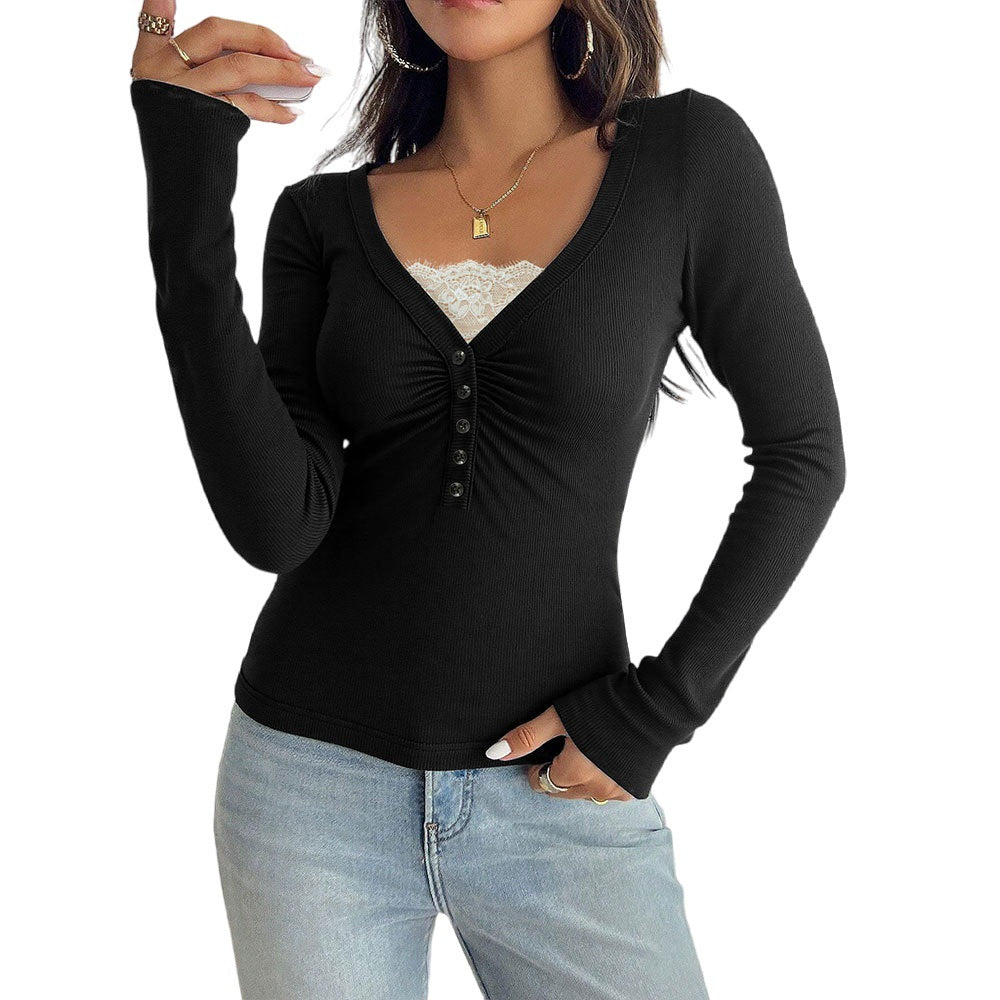 Damen Langarmshirt V-Ausschnitt Knöpfe Norvielle