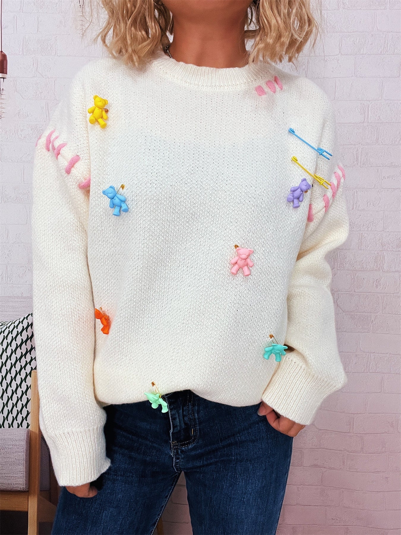 Damen Pullover Bunt Applikationen Weitschnitt