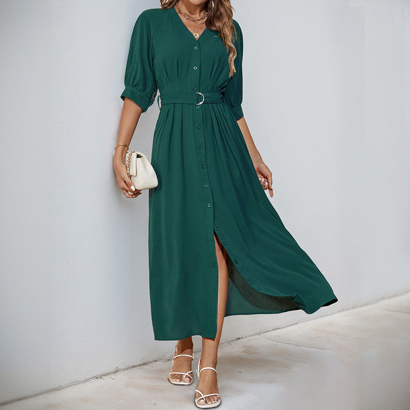 Damen Maxikleid Tailliert Gürtel Knöpfe Norvielle