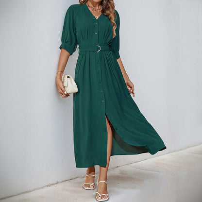 Damen Maxikleid Tailliert Gürtel Knöpfe Norvielle