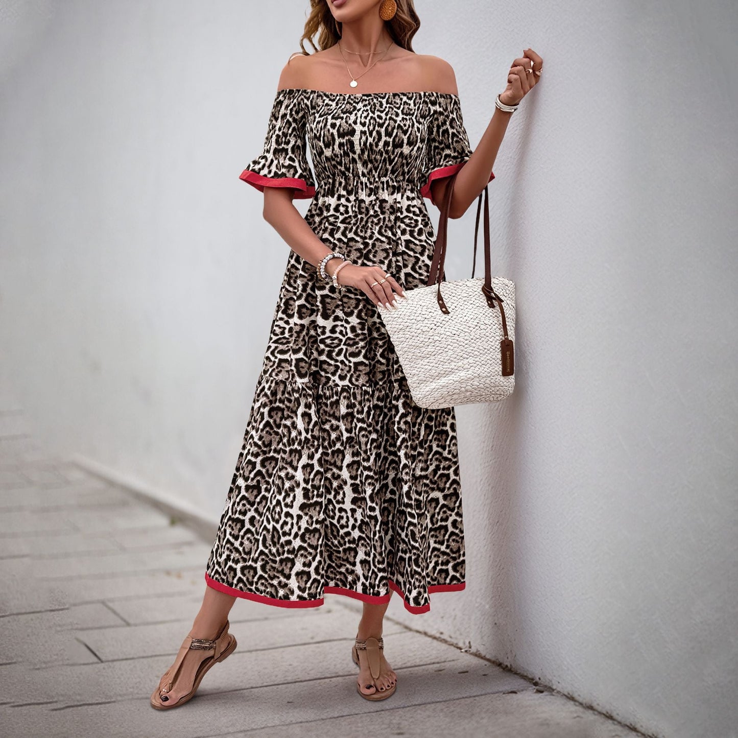 Damen Maxikleid Off-Shoulder Rüschendetails Tiermuster - Norvielle