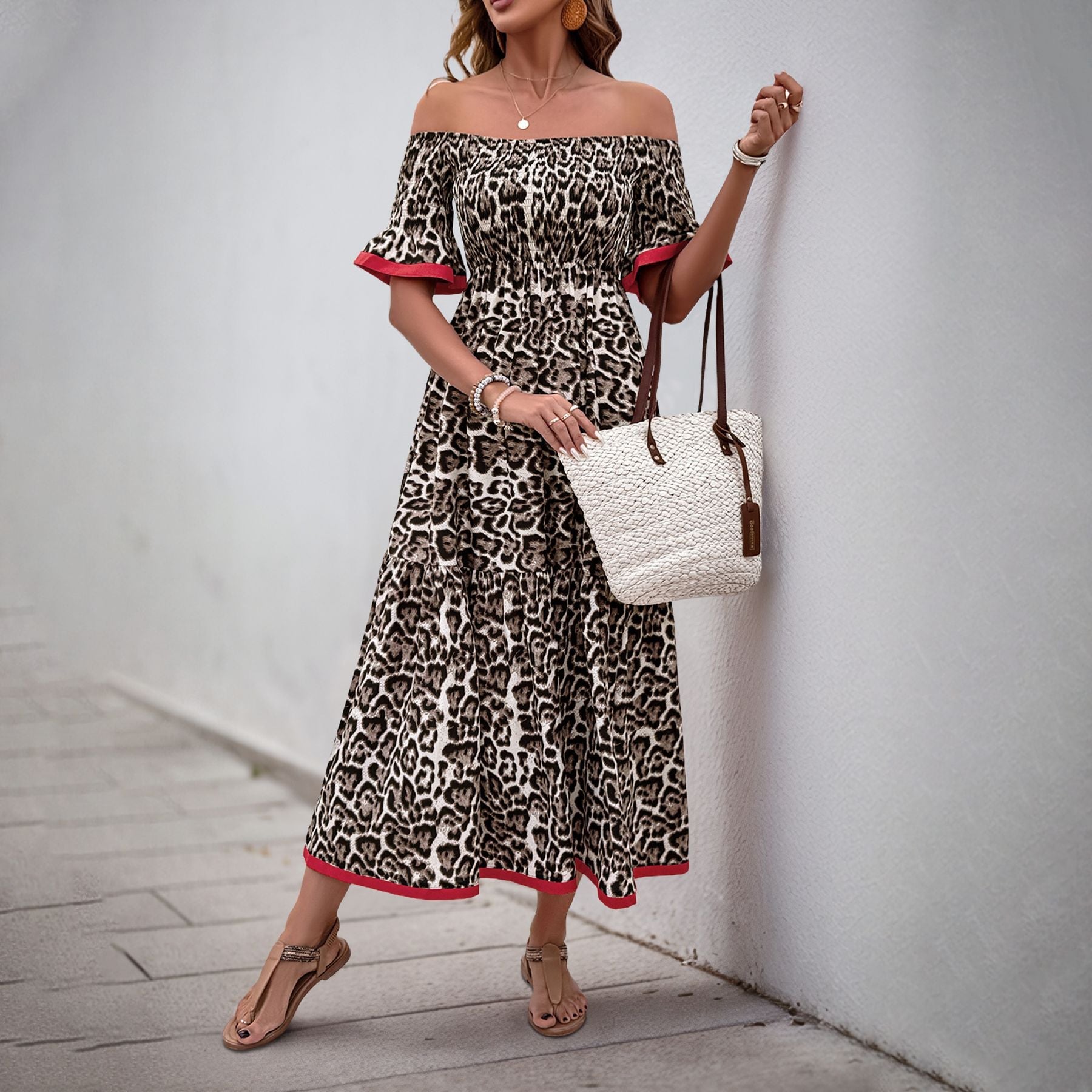 Damen Maxikleid Off-Shoulder Rüschendetails Tiermuster - Norvielle