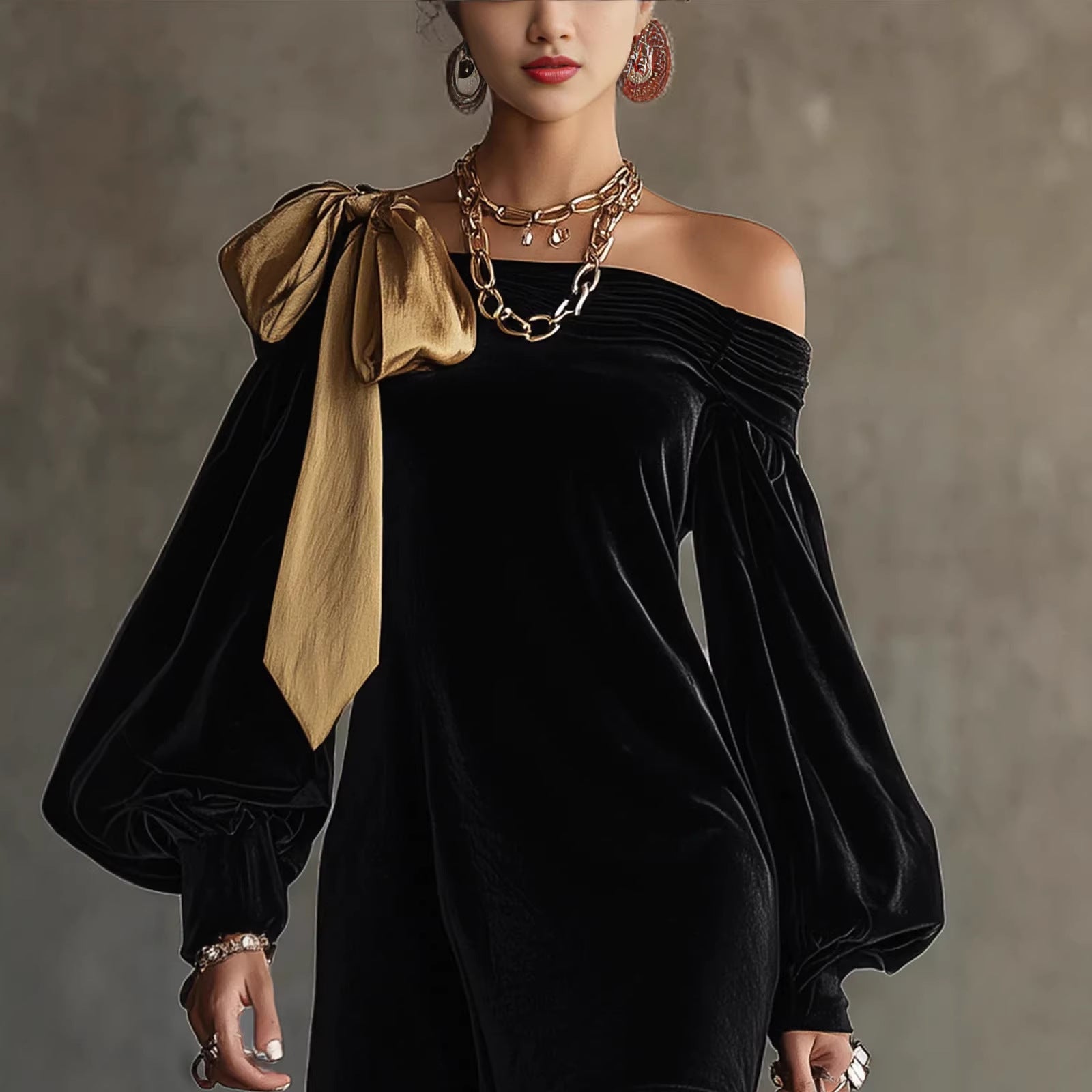 Damen Mini-Kleid Asymmetrischer Ausschnitt Puffärmel Norvielle - Norvielle