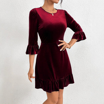 Damen Samt Minikleid Rüschendetails Voluminöse Ärmel