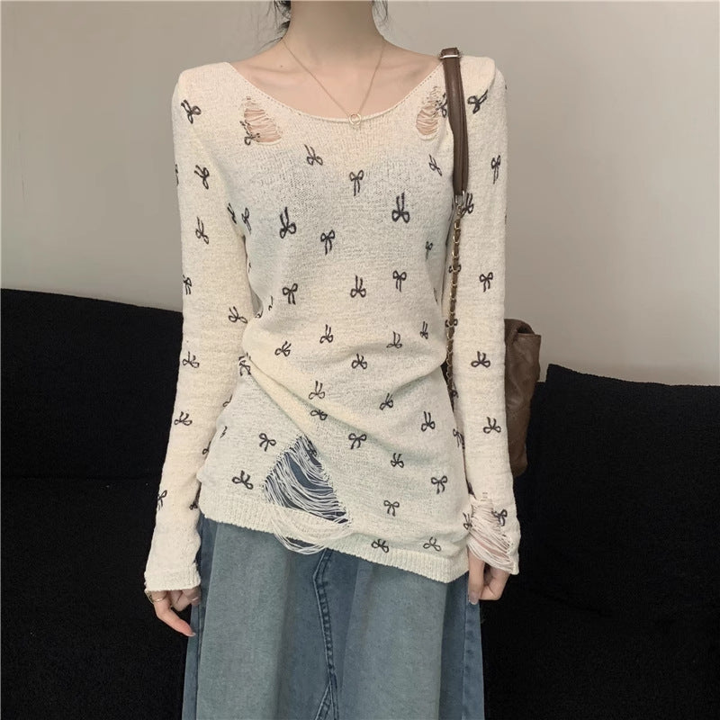 Damen Langarmshirt Risse Verspielt Motiv Norvielle