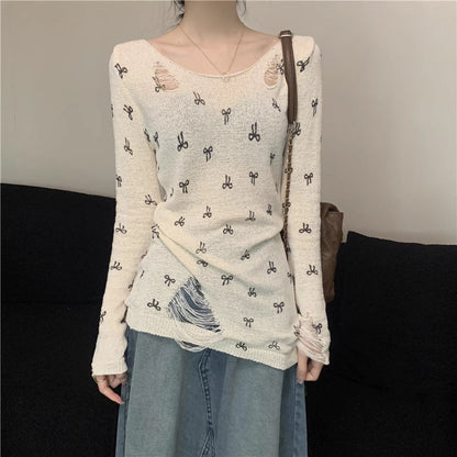 Damen Langarmshirt Risse Verspielt Motiv Norvielle