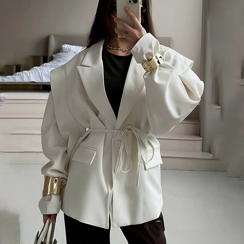 Damen Oversized Blazer mit Taillengürtel und Puffärmeln