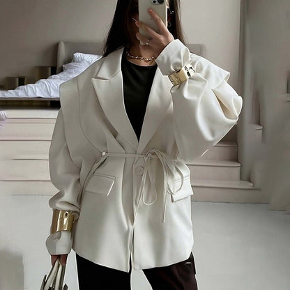 Damen Oversized Blazer mit Taillengürtel und Puffärmeln