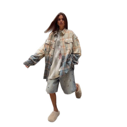 Damen Karo-Hemdjacke Oversized mit Taschen Norvielle