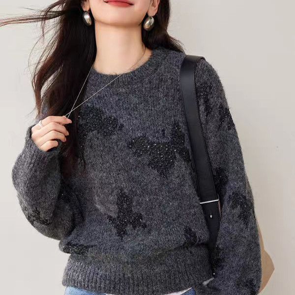 Damen Strickpullover Glitzernde Schmetterlingsapplikationen Norvielle