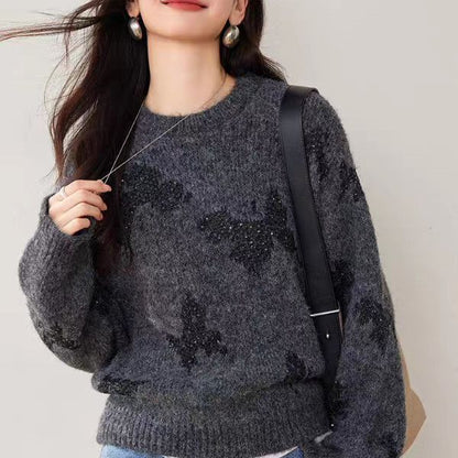 Damen Strickpullover Glitzernde Schmetterlingsapplikationen Norvielle