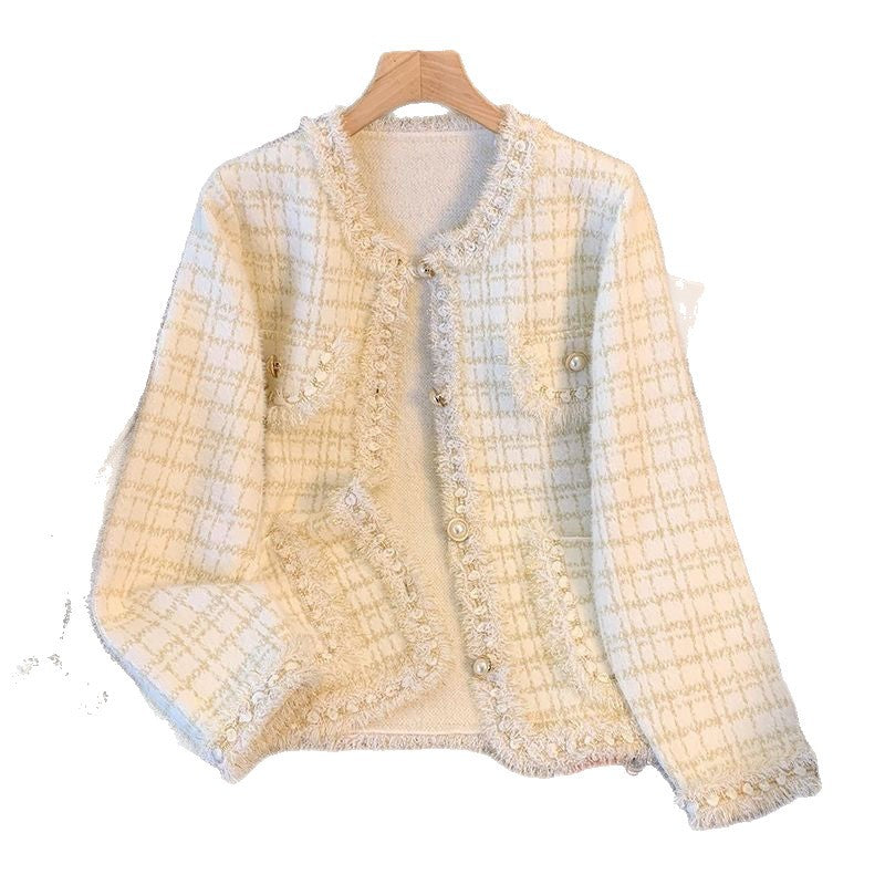 Damen Strickjacke Kuschelig Perlen Fransen Beige