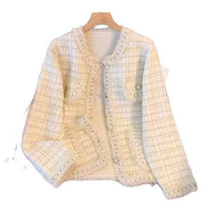 Damen Strickjacke Kuschelig Perlen Fransen Beige