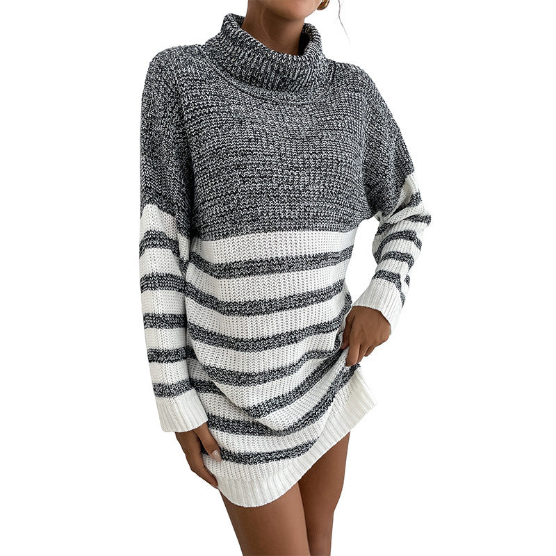 Damen Strickkleid Hochkragen Modische Streifen