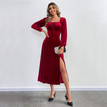 Damen Maxikleid Elegante Drapierung Hochschlitz Norvielle