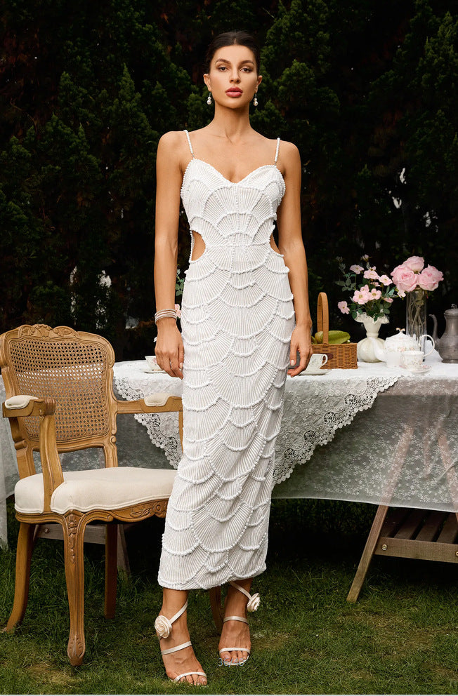 Damen Midi-Kleid Rücken Cut-Outs Wellendesign Norvielle