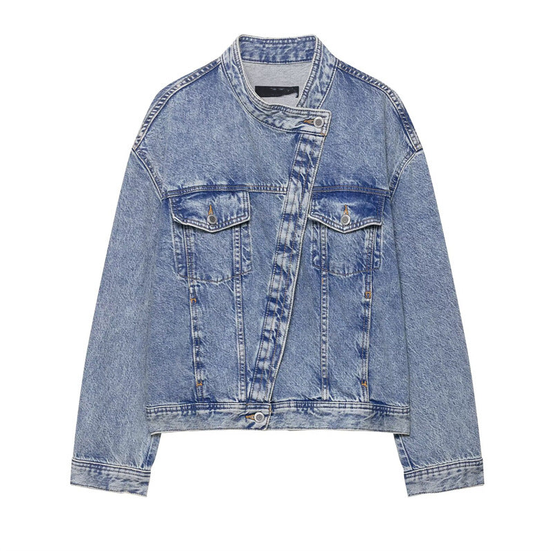 Damen Denimjacke Asymmetrisch Mit Taschen