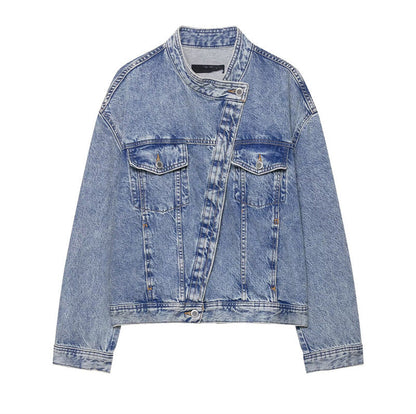 Damen Denimjacke Asymmetrisch Mit Taschen