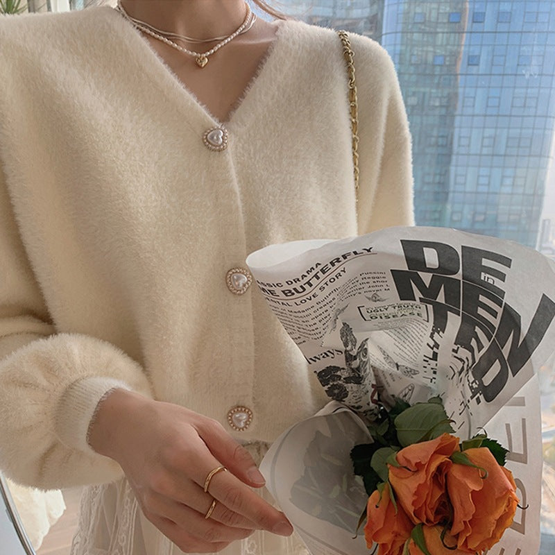 Damen Cardigan V-Ausschnitt Herzknöpfe Norvielle
