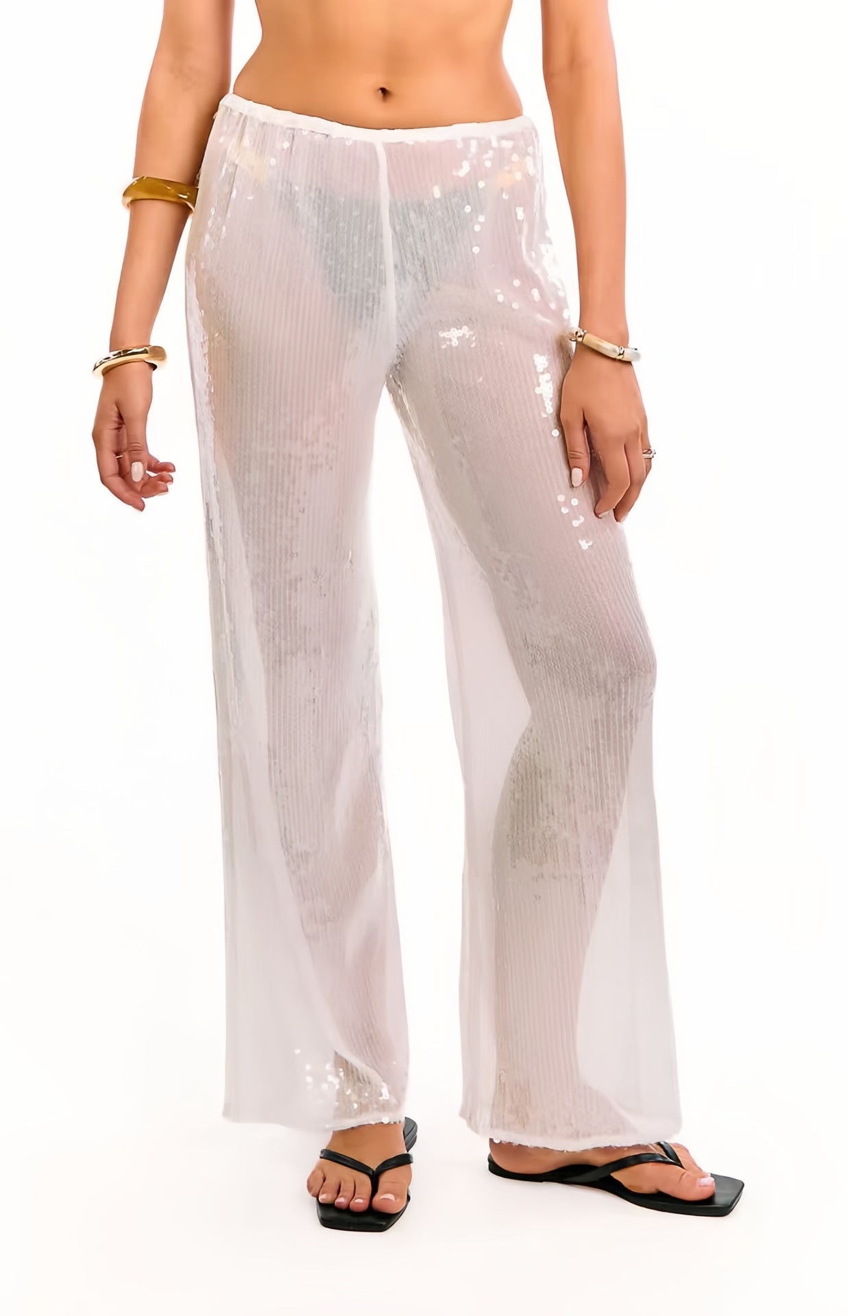 Damen Pailletten-Hose transparent Chiffon Weitschnitt