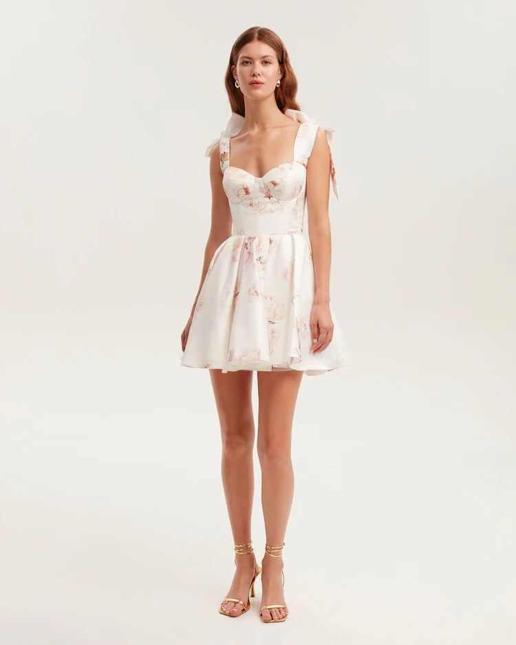 Damen Mini-Kleid Floralmuster Spitzenärmel