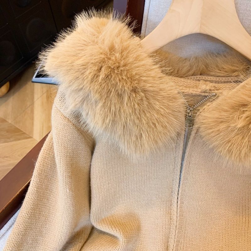 Damen Strickjacke Abnehmbarer Kunstfellkragen Beige