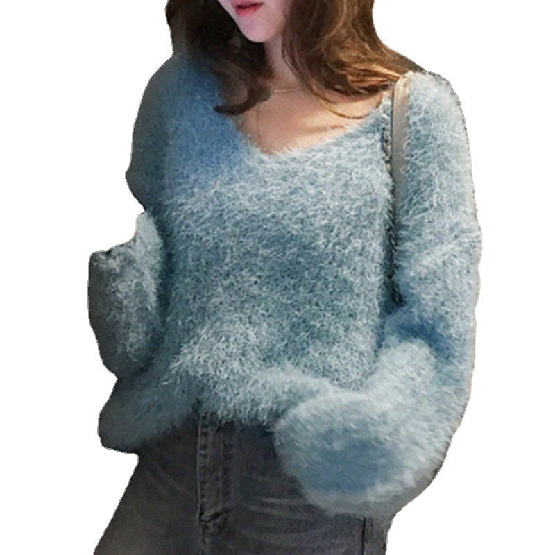 Damen Pullover V-Ausschnitt Weich Flauschig Beige