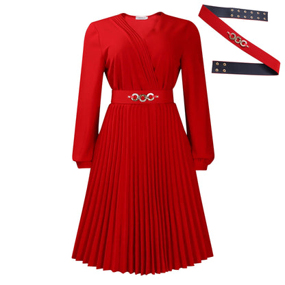 Damen Kleid Plissee V-Ausschnitt mit Taillengürtel Elegant