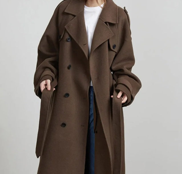 Damen Long-Trenchcoat aus Norvielle mit Stehkragen und Struktur
