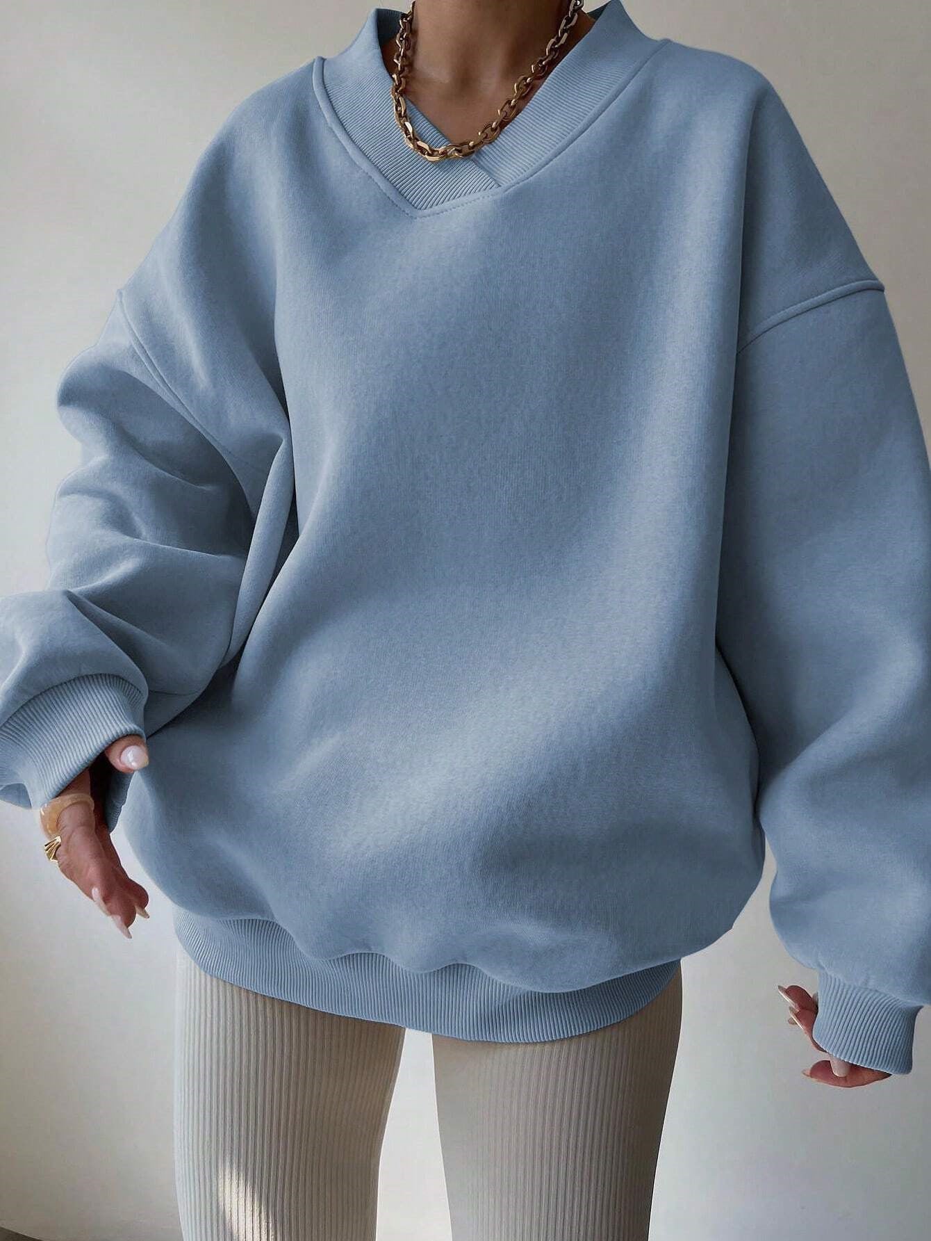 Damen Oversized Sweatshirt V-Ausschnitt Breite Ärmel Norvielle