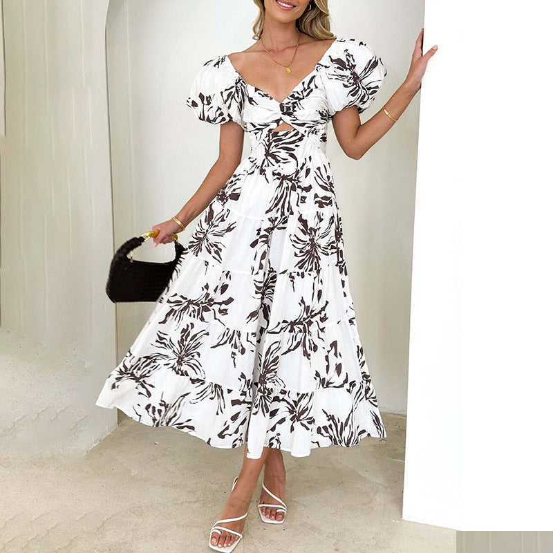 Damen Maxikleid Voluminöse Puffärmel Florales Design
