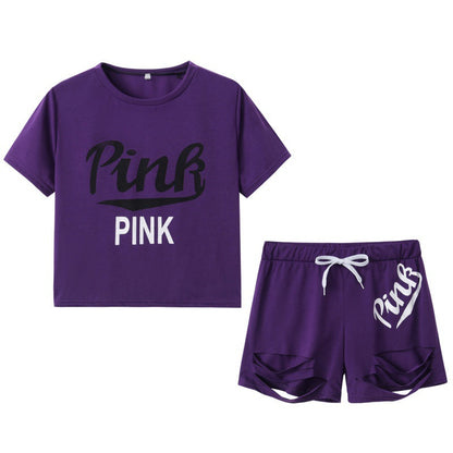 Damen Sportset Weites T-Shirt und Shorts Kontrast-Aufdruck Grau