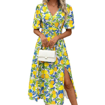Damen Maxikleid Fruchtig Muster Elegante Taille