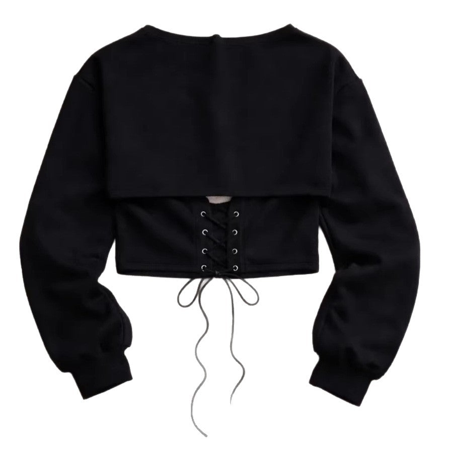 Damen Cropped Sweatshirt Schnürung Grau Norvielle