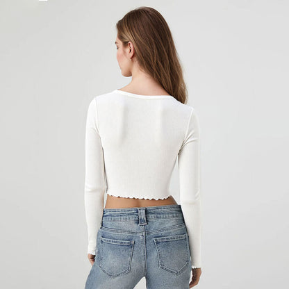 Damen Langarmshirt Rüschensaum Cropped Grün
