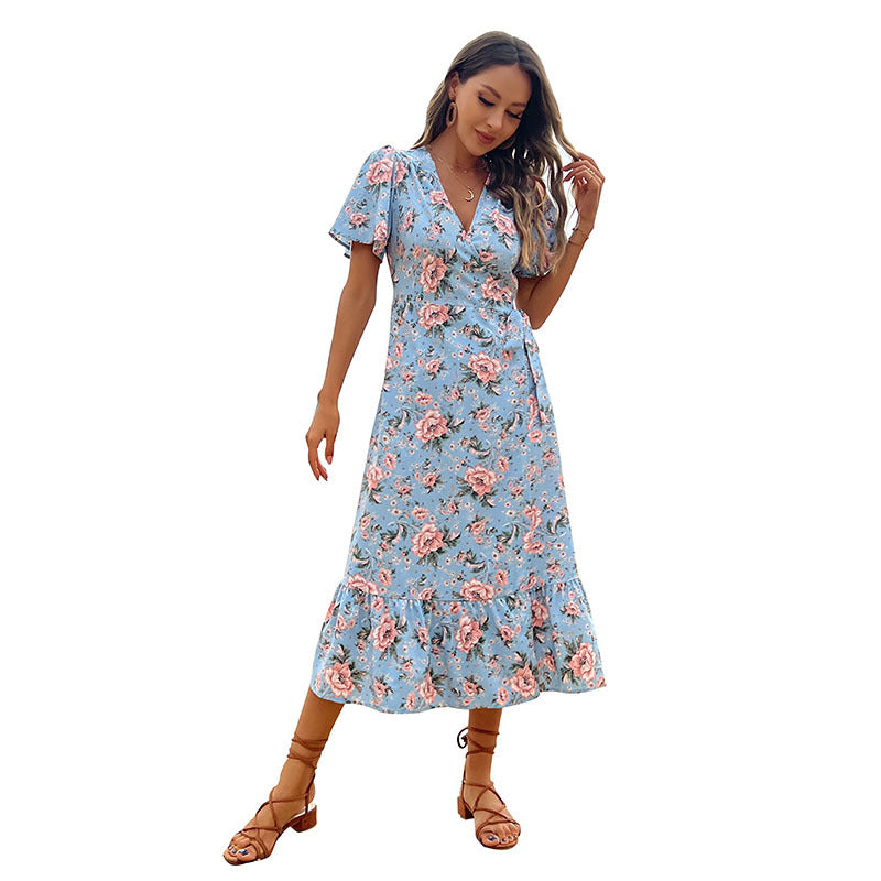 Damen Maxikleid Floralmuster Rüschensaum Norvielle