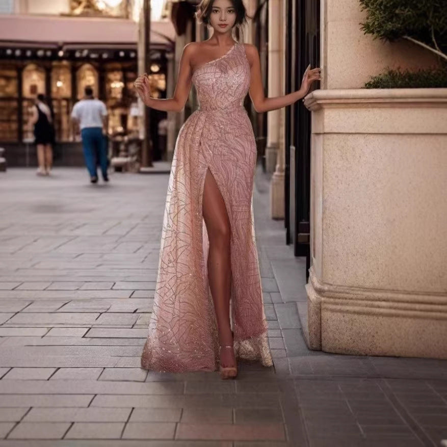 Damen Abendkleid Asymmetrischer Schnitt Glitzerdetails
