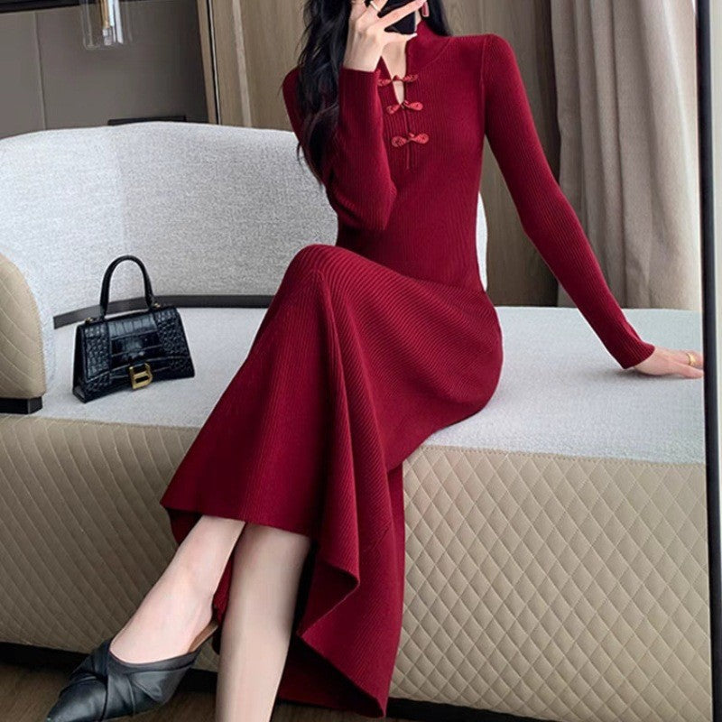 Damen Strickkleid Hochkragen Dekorative Knöpfe Norvielle - Norvielle