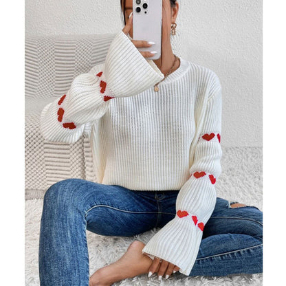 Damen Strickpullover Weite Ärmel Herz Applikationen Norvielle - Norvielle
