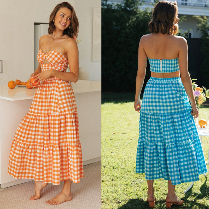 Damen Gingham Set Crop Voluminöser Rock