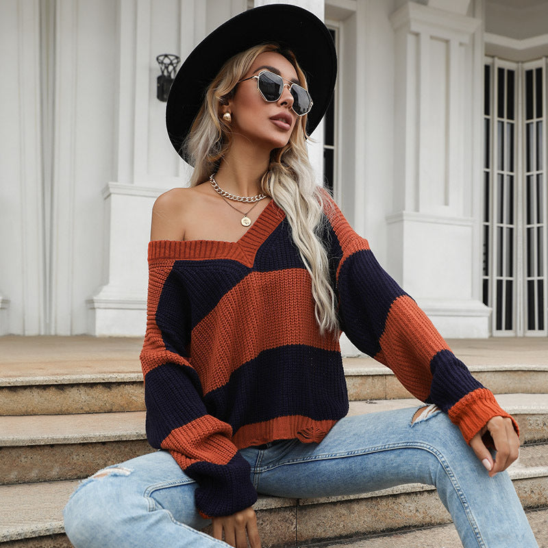 Damen Oversized Strickpullover V-Ausschnitt Blockstreifen Norvielle