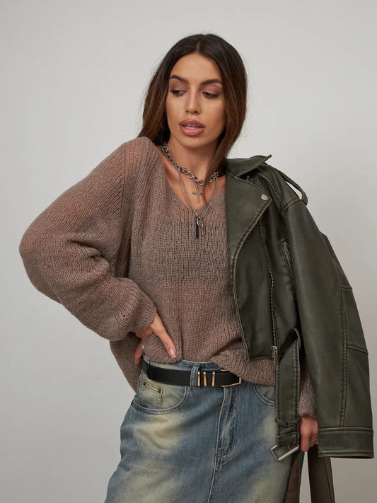 Damen Strickpullover Grobstrick Lässiger Schnitt Beige - Norvielle