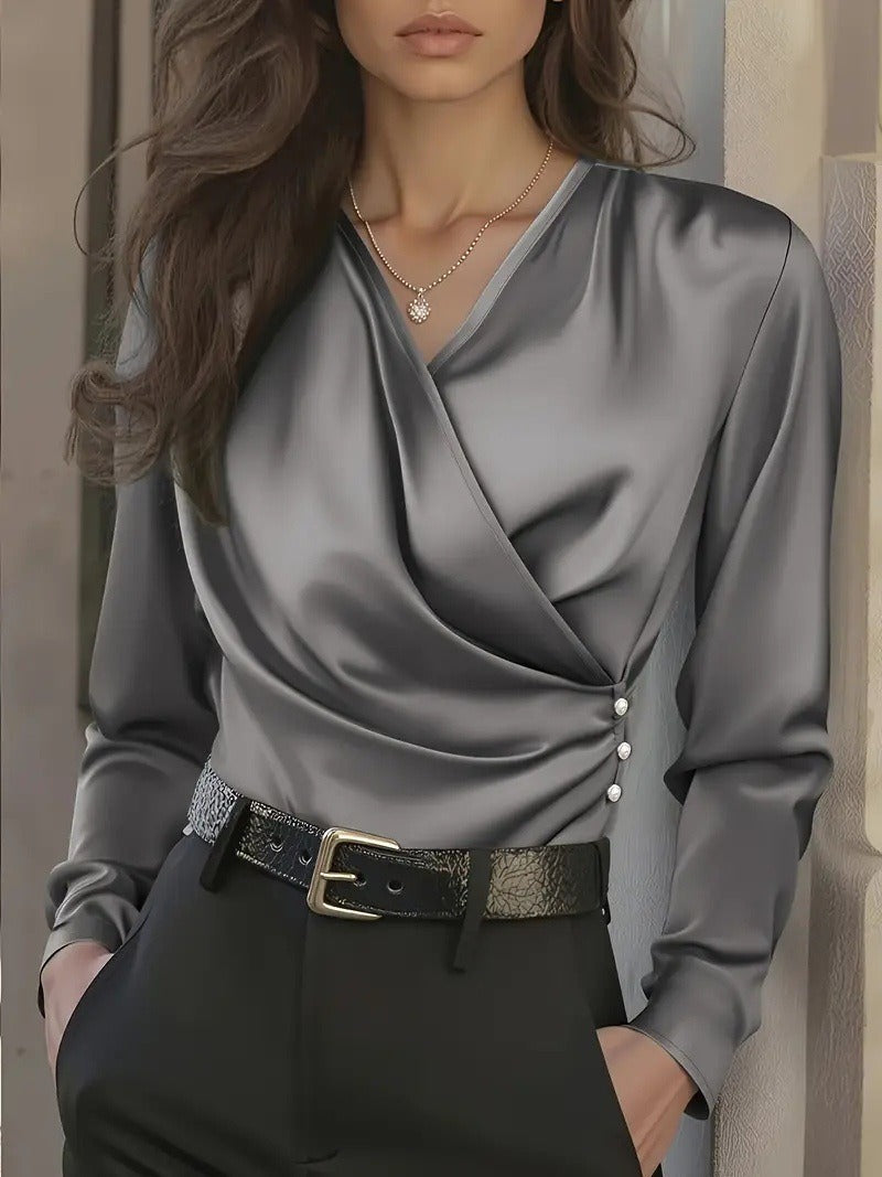 Damen Wickelbluse Knöpfe Elegante Bluse