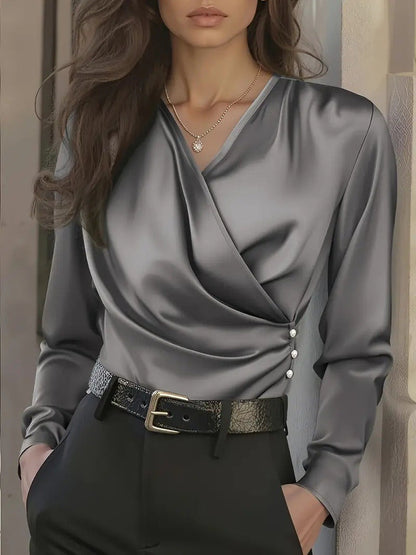 Damen Wickelbluse Knöpfe Elegante Bluse
