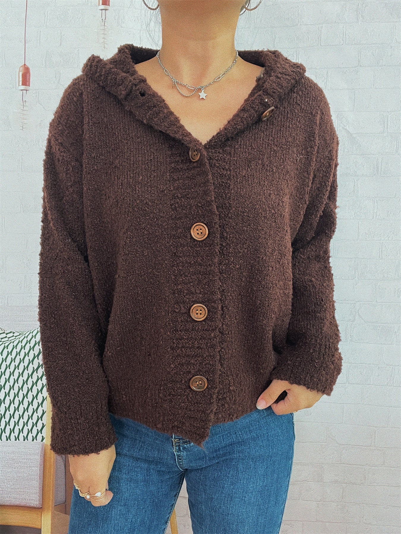 Damen Strickjacke Kapuze Knöpfe Norvielle