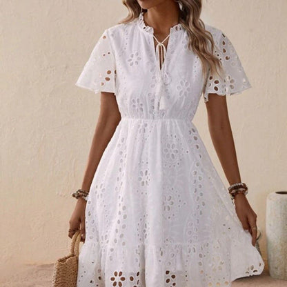 Weiße Damen Sommerkleid Baumwolle Kurzarm Boho-Stil