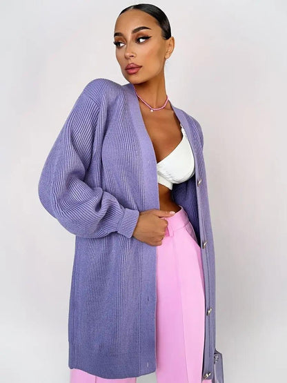 Damen Strickmantel Oversized mit Knöpfen Elegant Beige