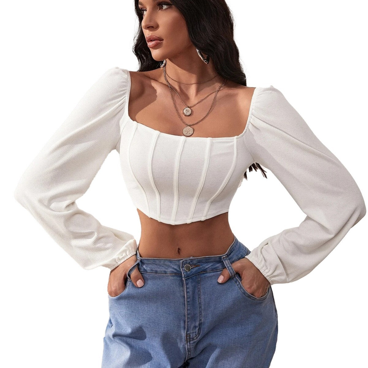 Damen Crop- Langärmlig Quadratischer Ausschnitt Puffärmel Norvielle
