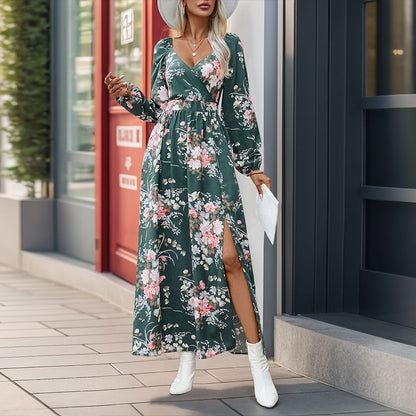 Damen Maxikleid Floralmuster Schlitz dunkel